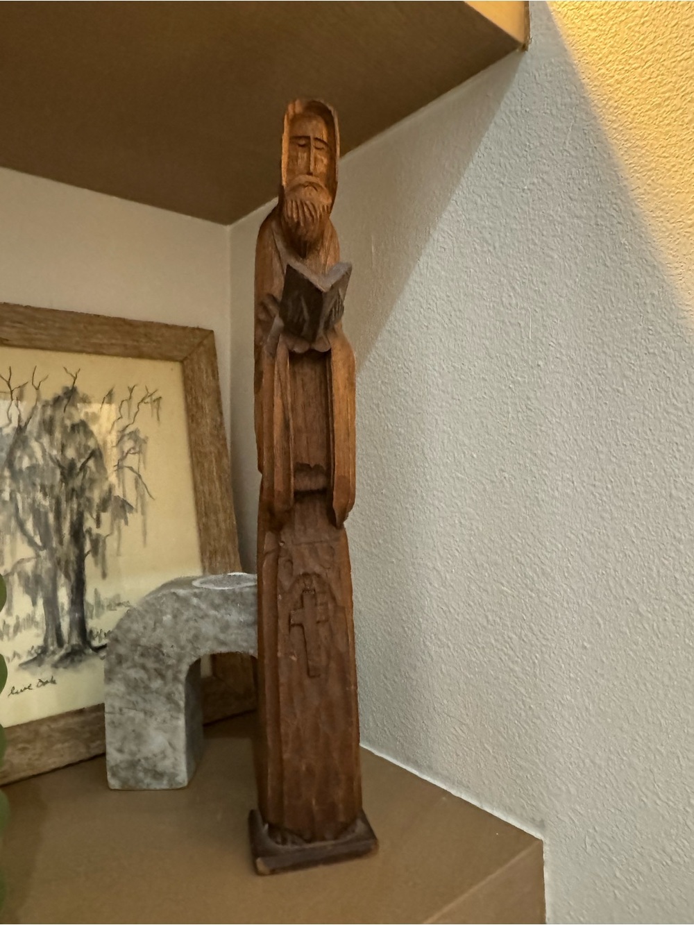 Hand-Carved Wooden Prayer Figure Statue in Brown vintage Mexico